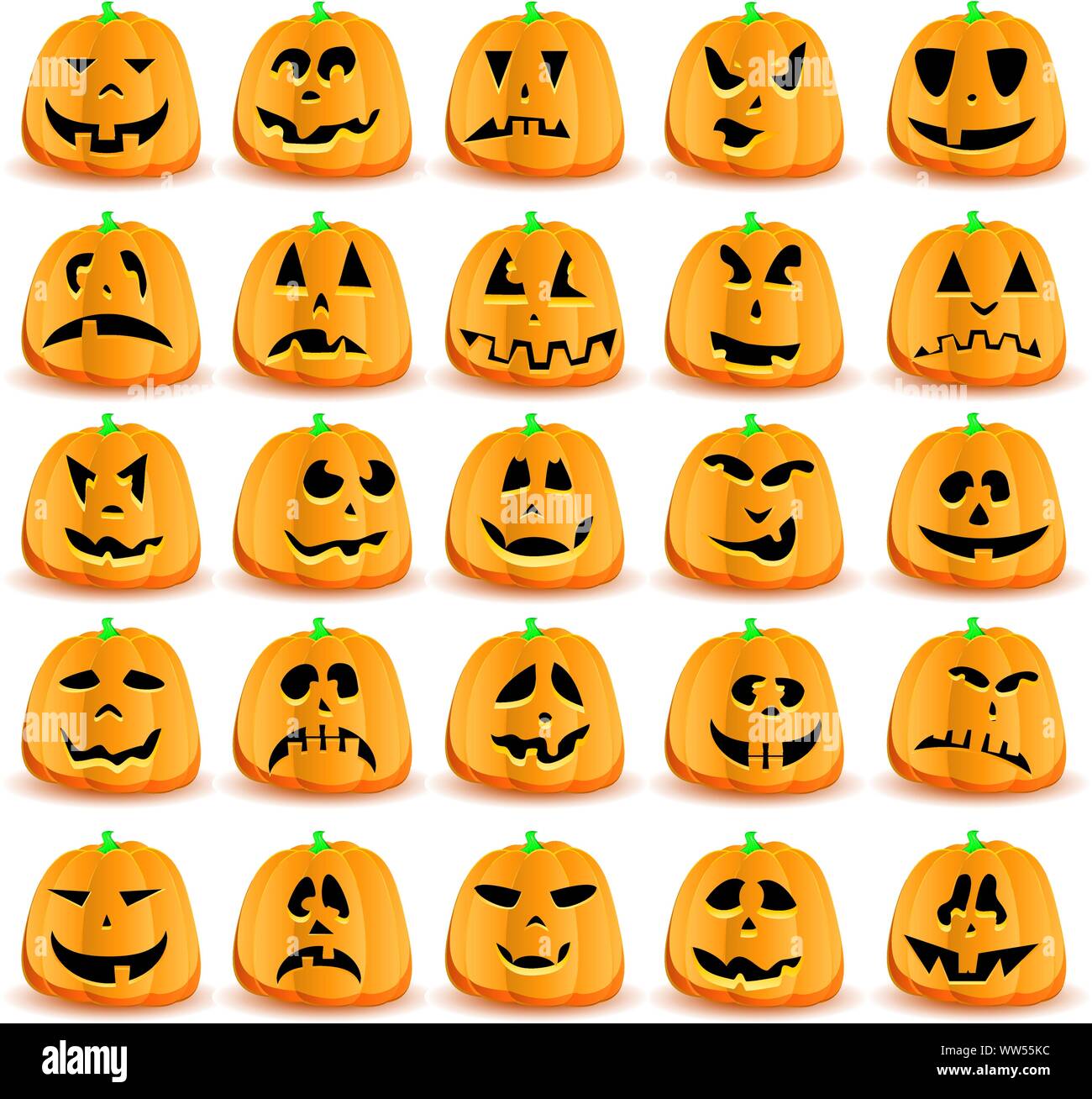 Set of 25 halloween pumpkins with Jack O`Lantern face, vector illustration Stock Vector